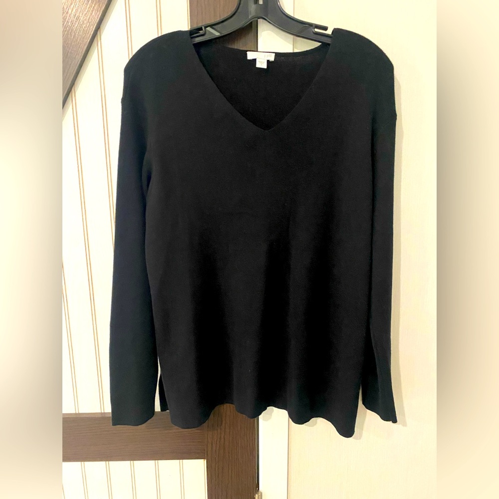 J Jill L Black Cotton, Poly Sweater V Neck Pullover Long Sleeve Small
